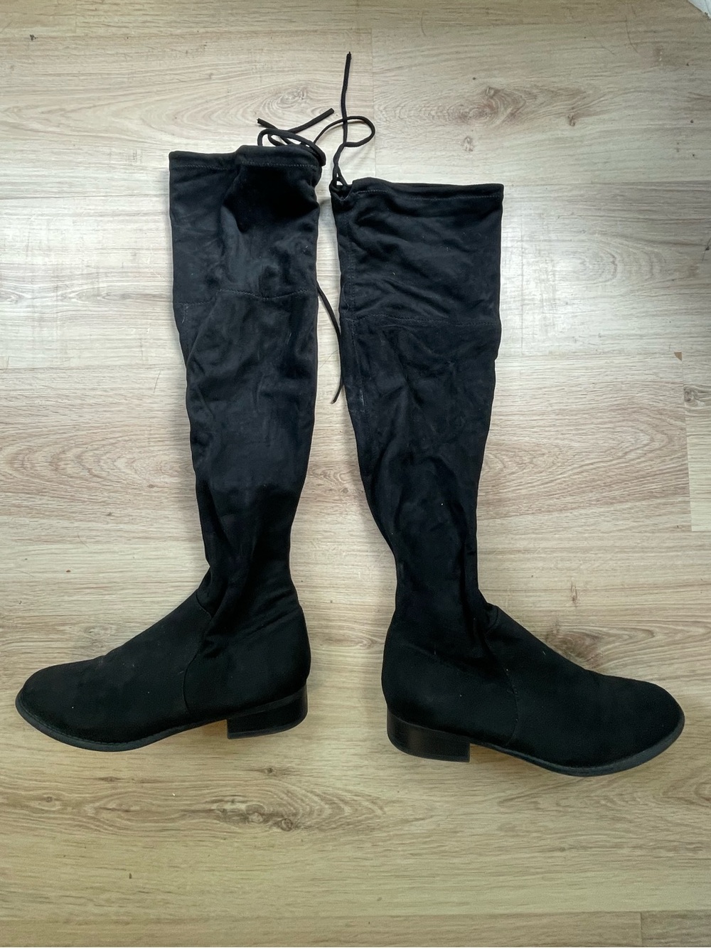 Black faux suede over the knee boots